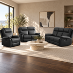 Roberto black leather recliner lounge suite in a warm modern living room